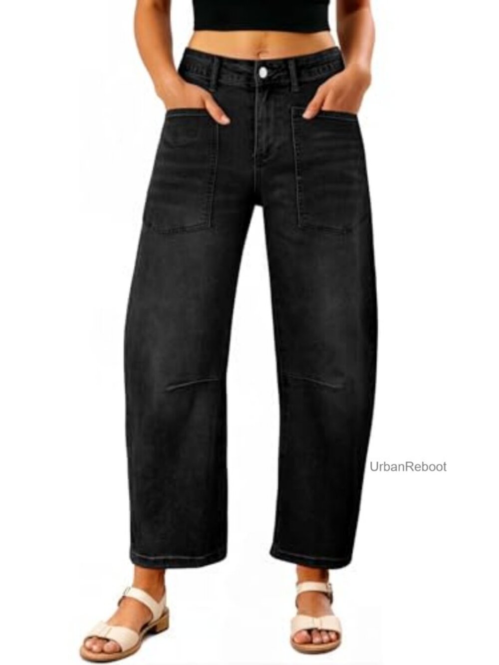 Baggy Wide Leg Cropped Stretch Denim Barrel Jeans Women High Rise Casual